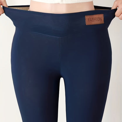 Women's Plush-Lined High Waist Leggings, Elastic And Comfortable, Casual Style Warm Pants For Winter, For Thermal Wear