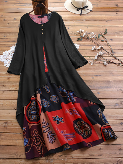 Plus Size 2-in-1 Graphic Print Dress, Casual Button Decor Crew Neck Long Sleeve Dress For Spring, Women's Plus Size Clothing