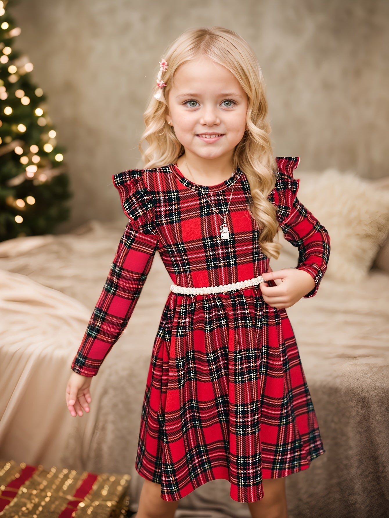 Mommy and My Girl Autumn Plaid Knit Leaf Sleeve Casual Christmas Dress, Best for Christmas