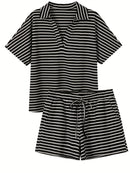 Summer New Arrival Plus Size Women's V-Neck Striped Top and Shorts Set