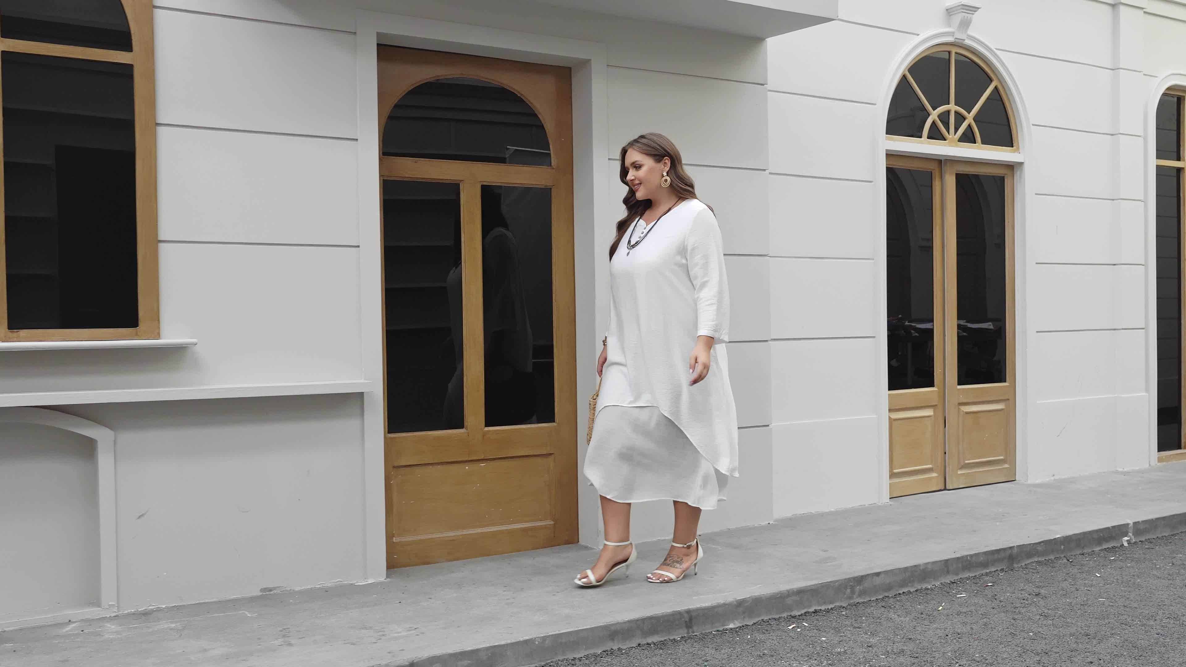 Plus Size Solid Layered Hem Dress, Casual Long Sleeve Dress For Spring &amp; Fall, Women's Plus Size Clothing