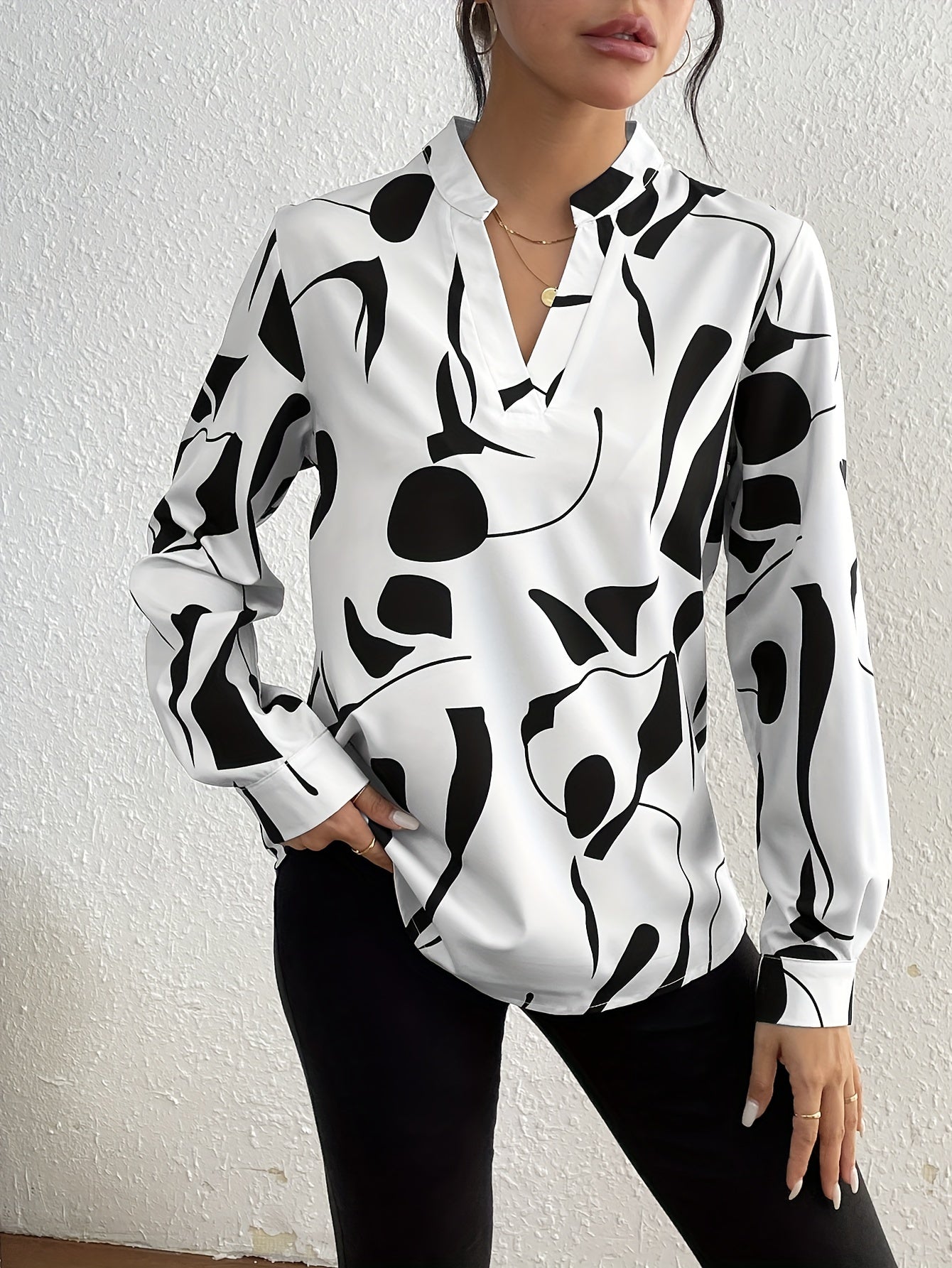 Geo Print V Neck Blouse, Casual Long Sleeve Blouse For Spring & Fall, Women's Clothing