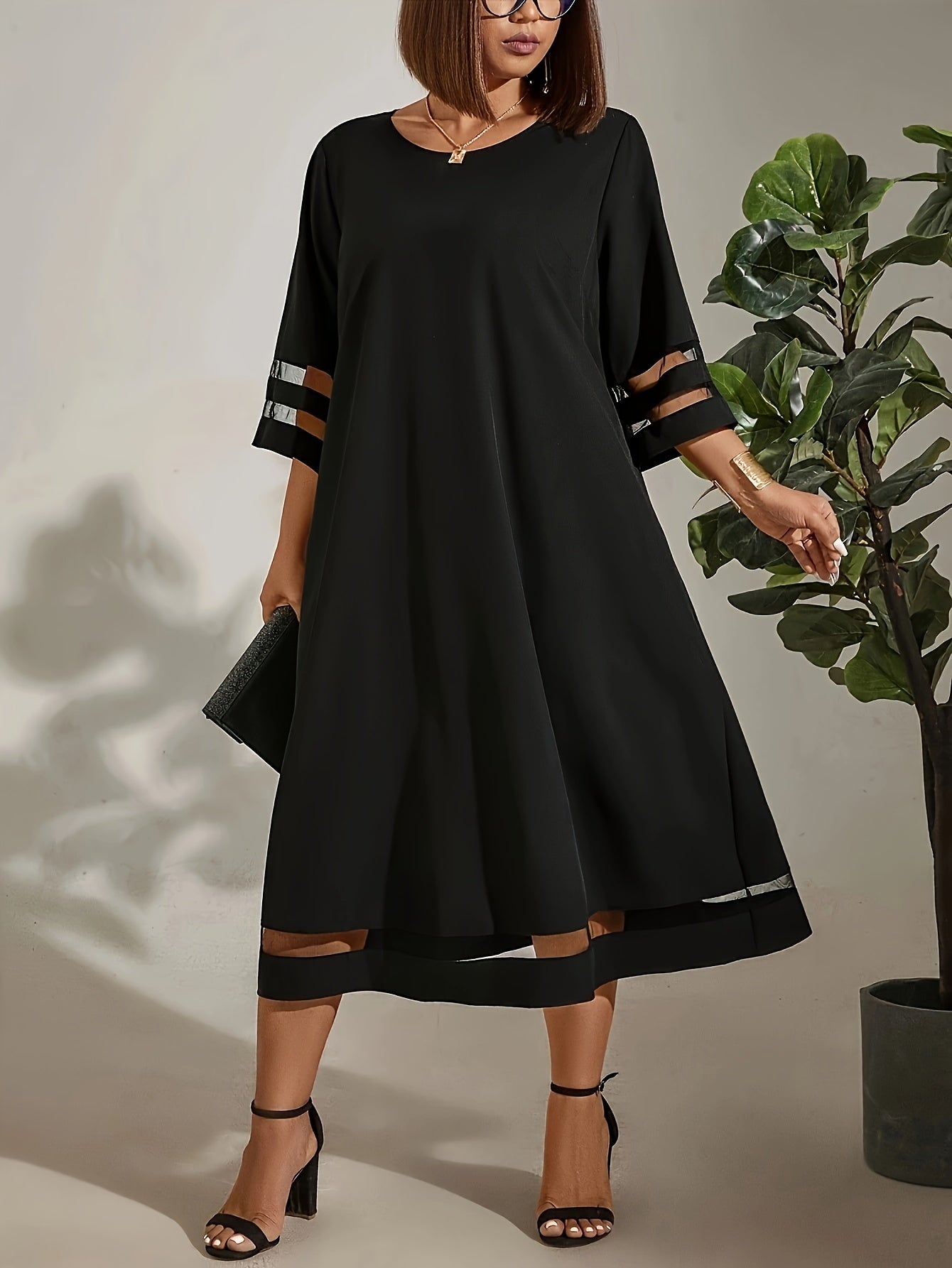 Elegant Plus Size Midi Dress with Contrast Mesh Detail - Crew Neck, 3/4 Sleeve, Non-Stretch Polyester Blend - Machine Washable - Perfect for Spring & Summer