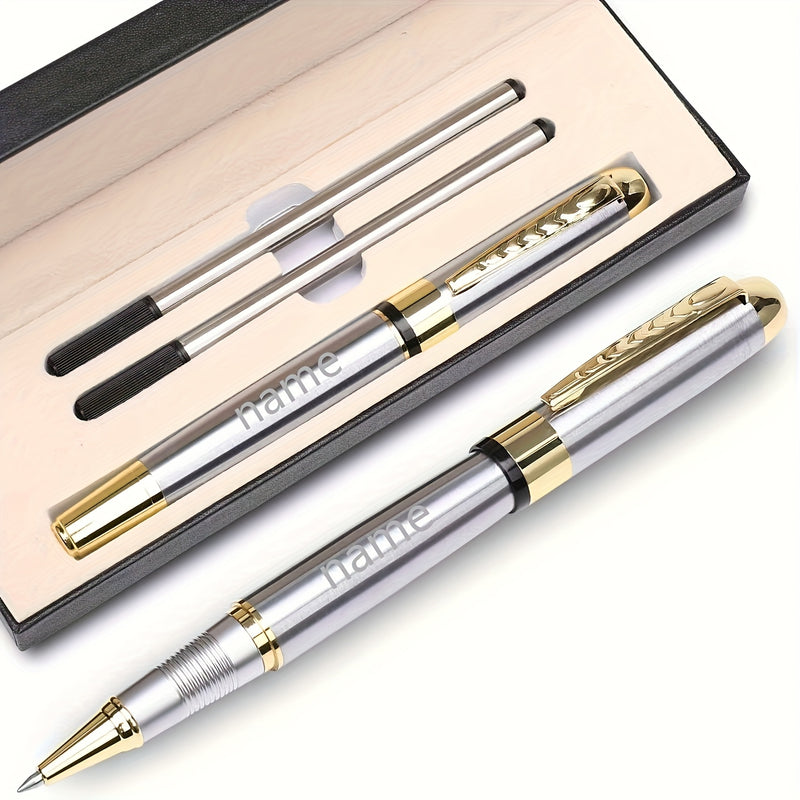 1pc Luxury Personalized Metal Ballpoint Pen Set with 2 Refills and Gift Box - Black & Silver, Engraved Name, Elegant Office and Business Men'S Gift
