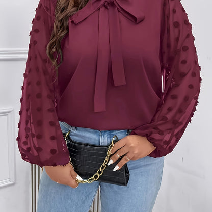 Plus Size Solid Swiss Dot Paneled Blouse, Elegant Tie Neck Long Sleeve Blouse For Spring & Fall, Women's Plus Size Clothing