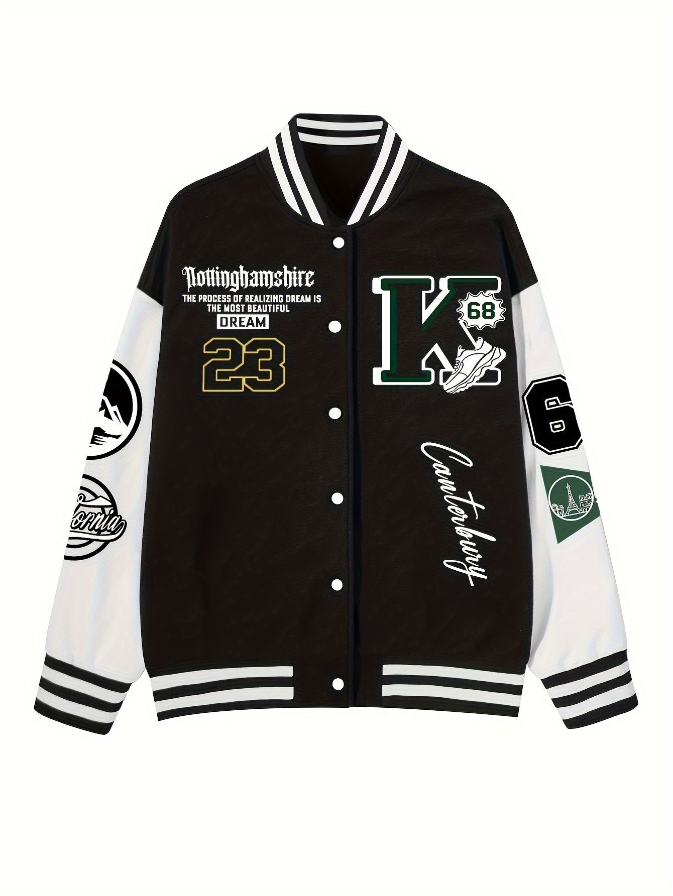Chic Plus Size Women's Baseball Jacket - Casual Fall/Winter Coat with Letter Print, Button-Up Front, Machine Washable