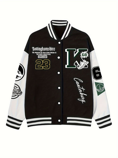 Chic Plus Size Women's Baseball Jacket - Casual Fall/Winter Coat with Letter Print, Button-Up Front, Machine Washable
