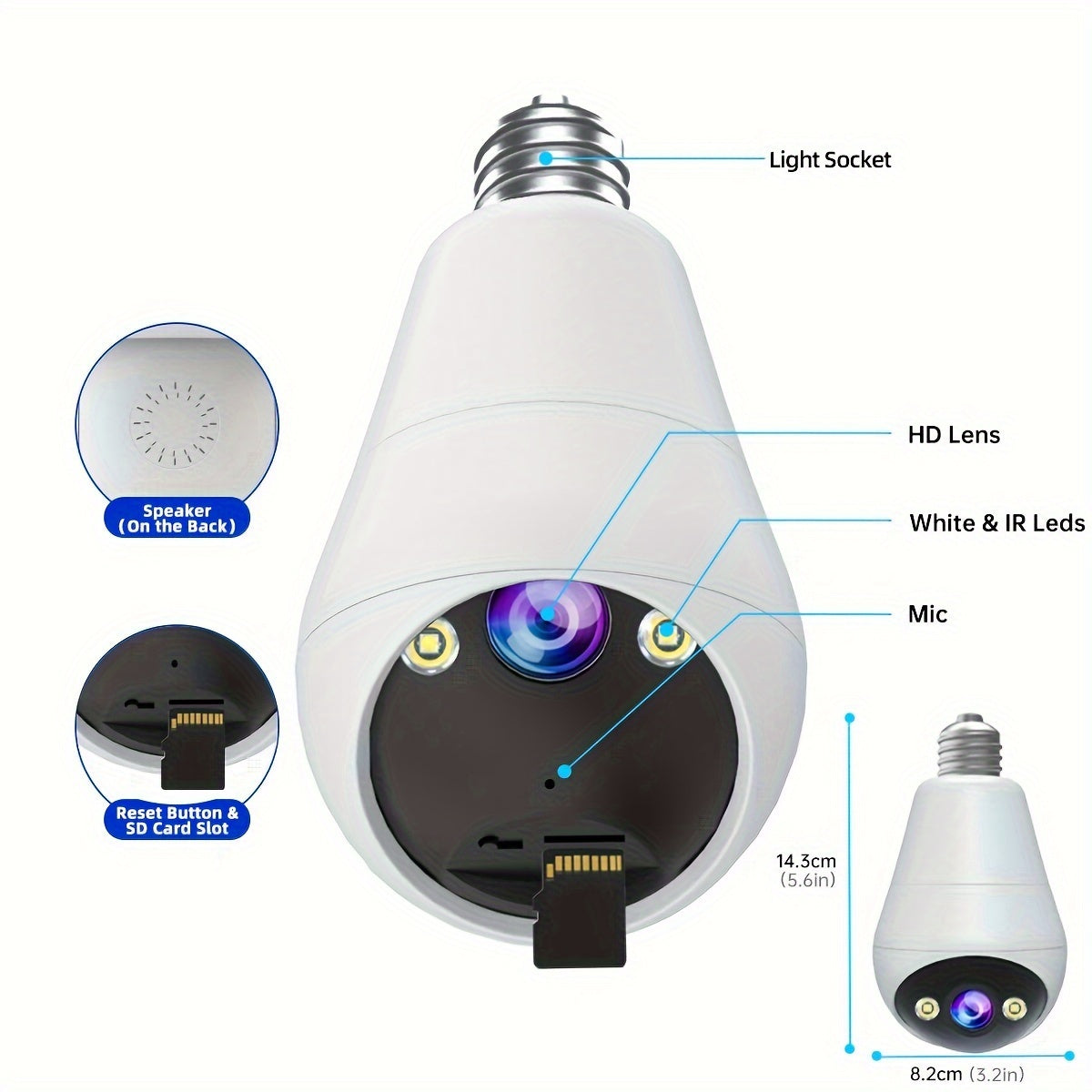 1pc 3MP Panoramic Light Bulb Security Camera, Wireless 2.4G WiFi, PTZ 360° Rotation And 355° View, Two-Way Audio Full Color Night Vision Camera, Motion Detection With Speaker And SD Card Slot, For Home Surveillance