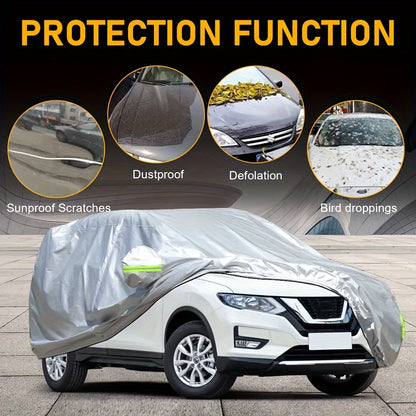 UV-Resistant & Dustproof Car Cover with Reflective Safety Strips - Fits Cars, SUVs, Pickups & Hatchbacks, Durable Polyester, Silvery