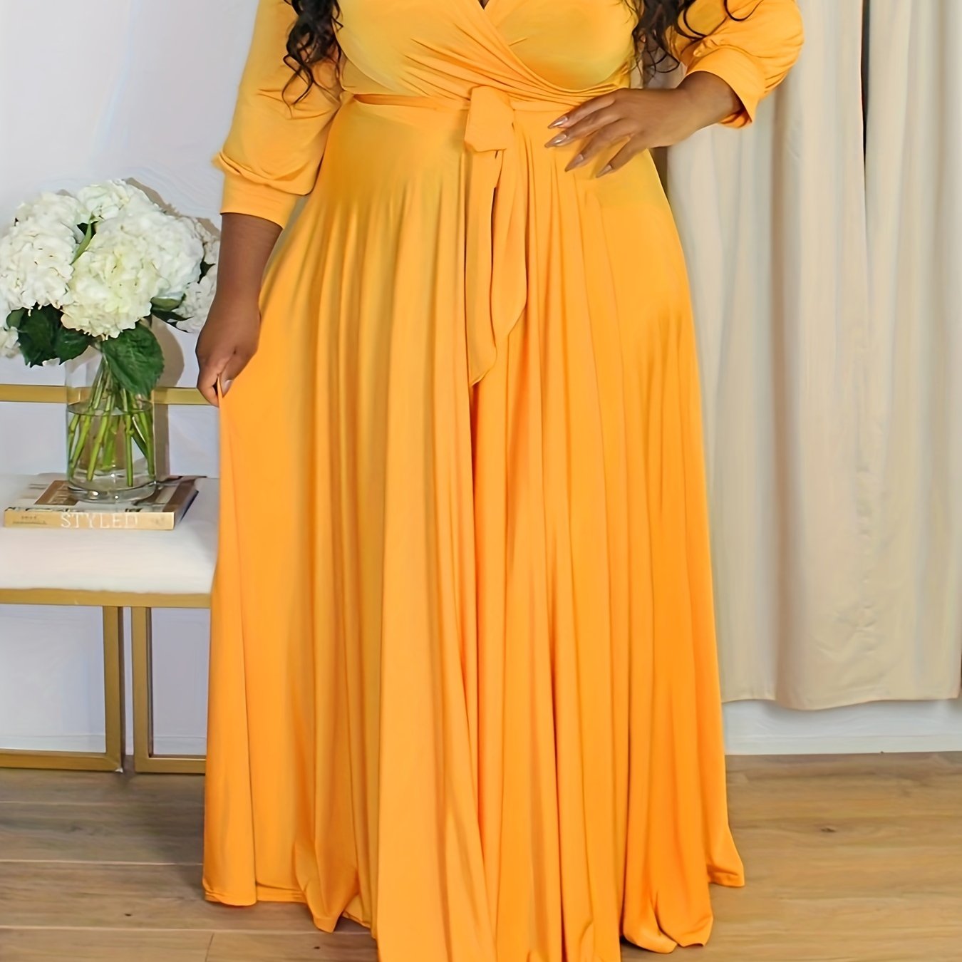 Plus Size Solid Color Tie Waist Dress, Elegant Long Sleeve Surplice Neck Maxi Dress For Spring & Fall, Women's Plus Size Clothing