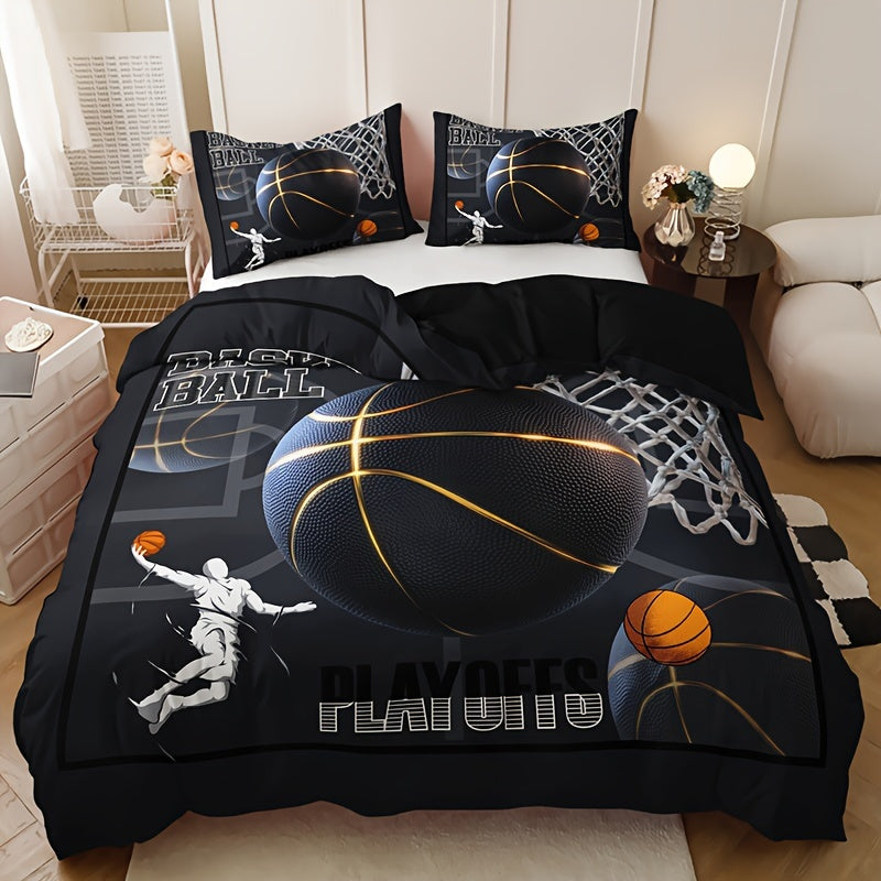 3pcs -Themed Bedding Set - 1 Duvet Cover + 2 Pillowcases, Black with & Print, Breathable Polyester, All-Season Comfort for Home & Dorm Decor