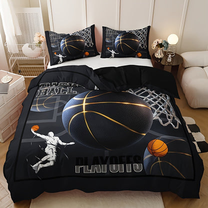 3pcs -Themed Bedding Set - 1 Duvet Cover + 2 Pillowcases, Black with & Print, Breathable Polyester, All-Season Comfort for Home & Dorm Decor