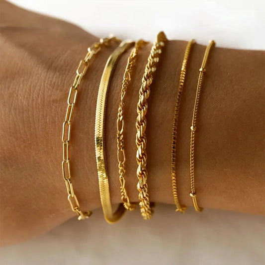 Juego de 6 pulseras de cadena de aleación fina para mujer, sencillas, con cuentas decorativas (cantidad: 5-9 unidades)