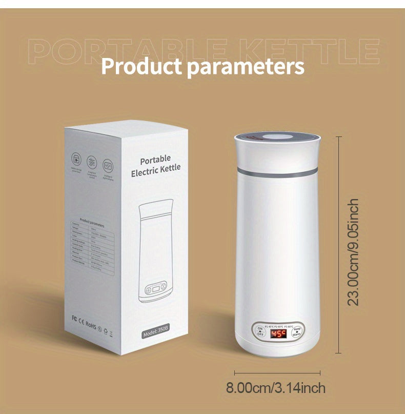 EU Plug Travel Electric Kettle, 350Ml Portable Small Tea Coffee Kettle Water Boiler, Personal Water Heater, with Temperature Control & LED Display, 300W, 304 Stainless Steel, Mini Heated Water Cup for Coffee, Tea, Milk, Soup,