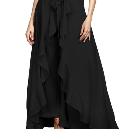 Plus Size Bow Tie Front Pants, Elegant Solid Asymmetrical Wide Leg Skirted Pants, Women's Plus Size Clothing