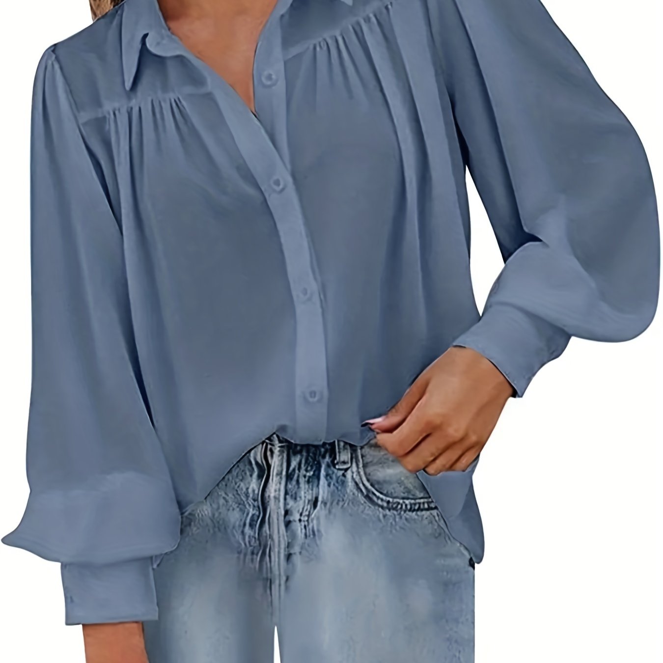 Plus Size Basic Blouse, Women's Plus Solid Button Up Lantern Sleeve Turn Down Collar Slight Stretch Blouse