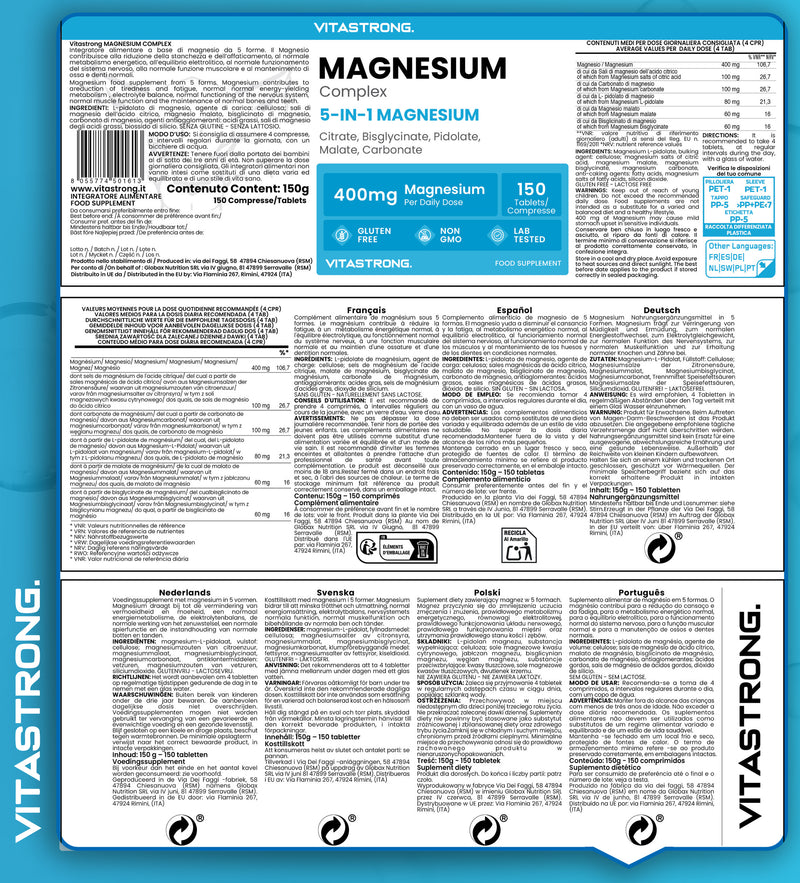 Magnesium Complete 400 Mg Per Serving, 5 Sources of Magnesium Bisglycinate, Citrate, Malate, Pidolate, Carbonate, Gluten-Free And Non-Gmo Magnesium Supplement Tablets, Premium Quality Vitastrong