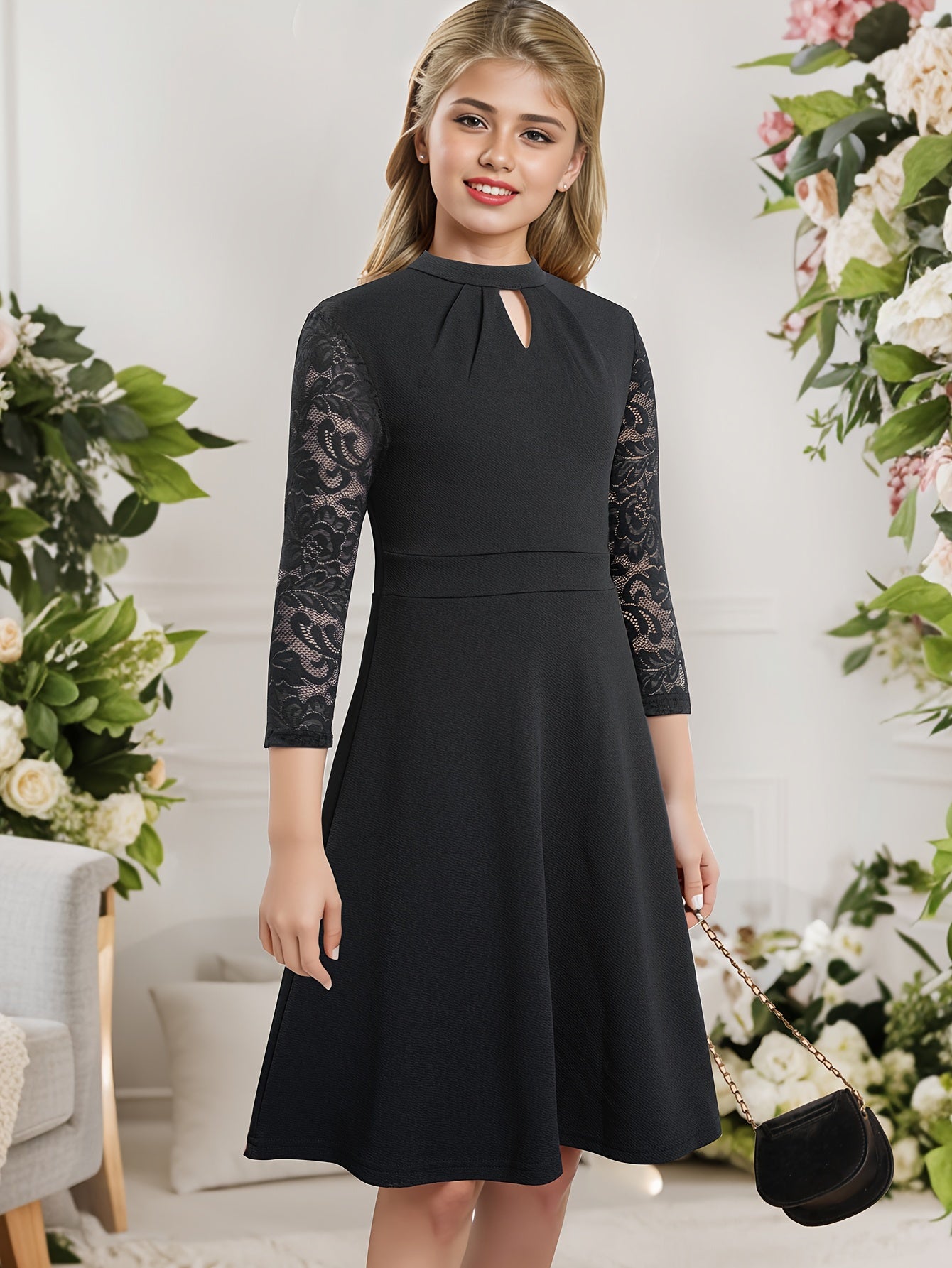 Elegant Girls' Lace-Trimmed Pleated Dress with Keyhole Neckline - Perfect for Parties, Spring & Fall - Machine Washable