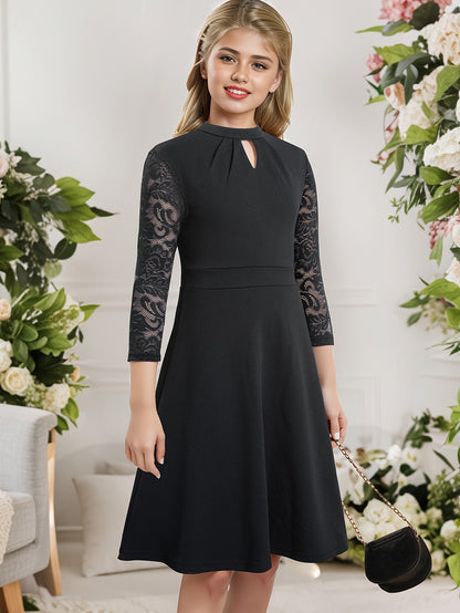 Elegant Girls' Lace-Trimmed Pleated Dress with Keyhole Neckline - Perfect for Parties, Spring & Fall - Machine Washable