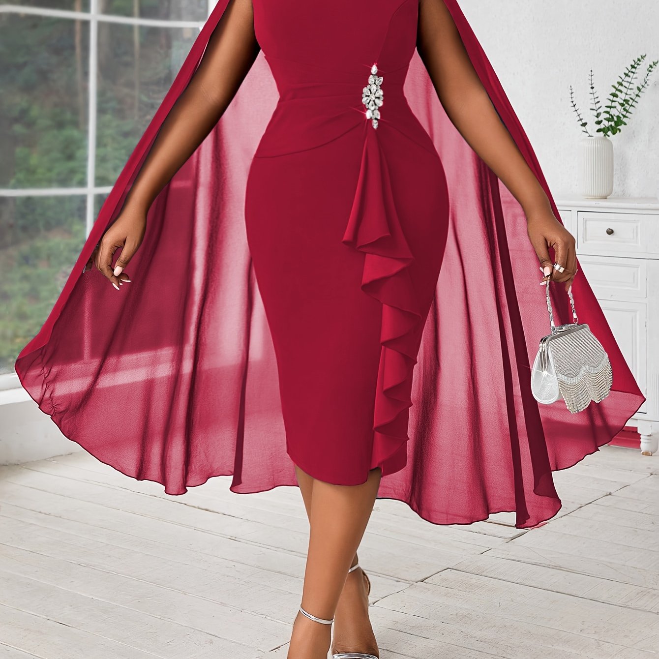 Plus Size, Women's Fashionable and Elegant Batwing Sleeve Mesh Splicing Plus Size Wrap Dress