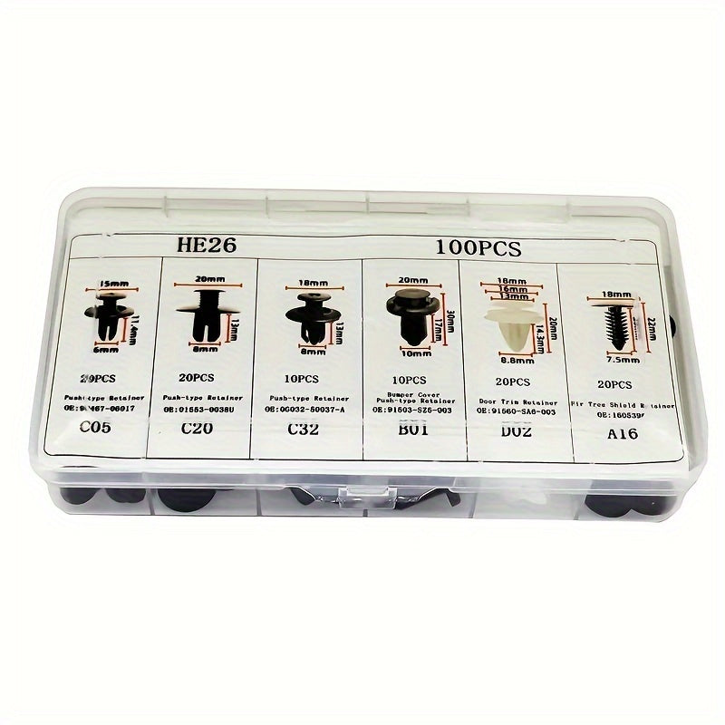 100 clips de fijación para coche, herramientas de desmontaje, seis tamaños populares de clips para molduras de puertas y remaches de parachoques.