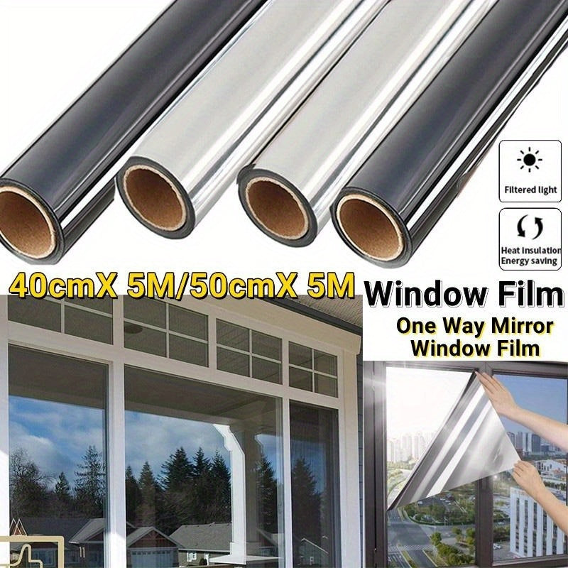 1 Roll Mirror Window Film, Reflective Privacy Tint, Anti-UV, Heat Control Sun Blocking, For Home Office Living Room, Silvery/Black & Silvery Options