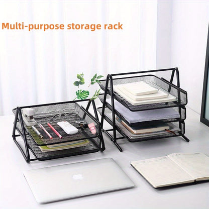 Creative Office Desktop Rack Storage Rack, Three-layer Iron Storage Management Rack, Creative Desktop Office For Document Rack, Information Rack, Stacked Multi-layer Storage Book Rack