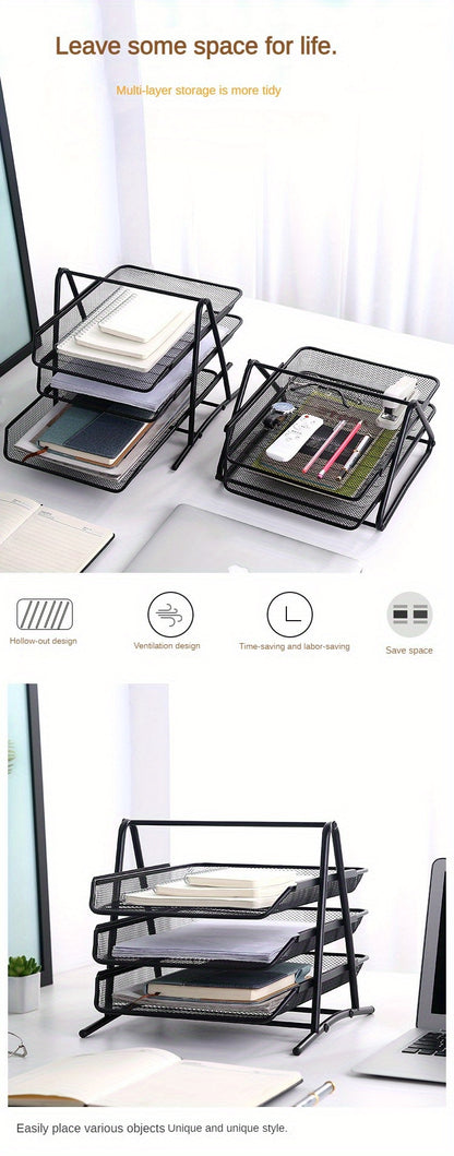 Creative Office Desktop Rack Storage Rack, Three-layer Iron Storage Management Rack, Creative Desktop Office For Document Rack, Information Rack, Stacked Multi-layer Storage Book Rack