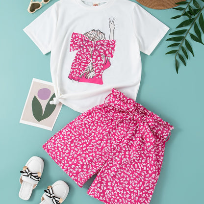 Girls' Summer Casual Outfit Set - Cartoon Print Bow T-Shirt & Floral Shorts with Belt, Breathable Polyester Blend, Perfect for Outdoor