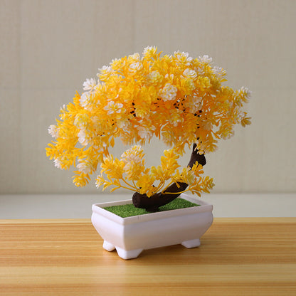 1pc Artificial Plant, Artificial Bonsai Tree Set, Plastic Faux Potted Plants, 20.02cm Home Office Tabletop Decor, Green/Yellow Flower Miniature Ornament, Living Room Decor, Table Decor, Home Decor