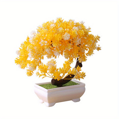 1pc Artificial Plant, Artificial Bonsai Tree Set, Plastic Faux Potted Plants, 20.02cm Home Office Tabletop Decor, Green/Yellow Flower Miniature Ornament, Living Room Decor, Table Decor, Home Decor