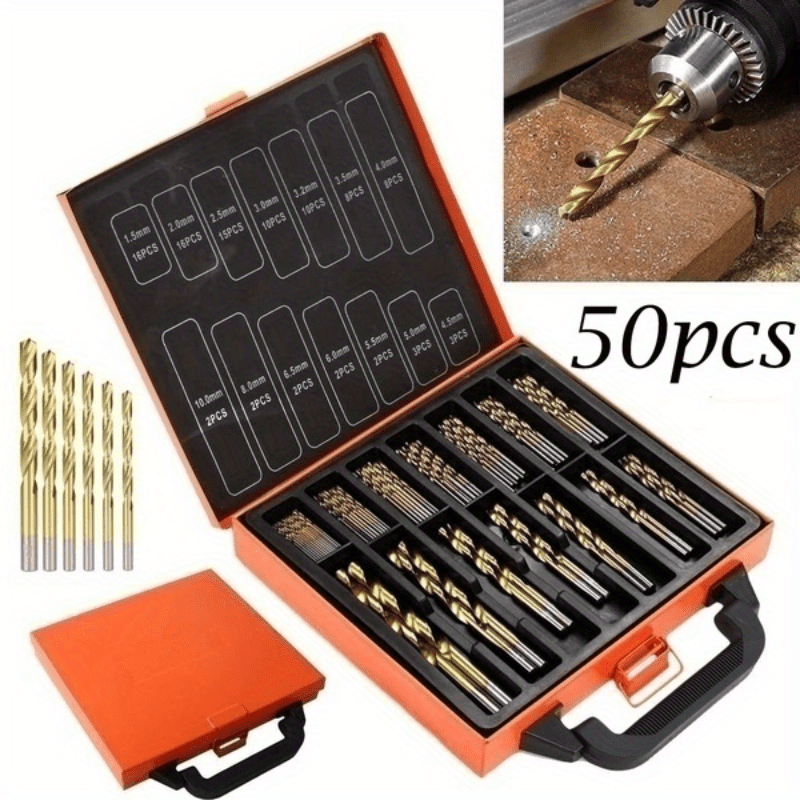 Juego de 50 brocas de acero de alta velocidad (HSS), con revestimiento de titanio, multitamaño de 1 a 3 mm, para metal, madera y plástico - Herramientas de perforación de precisión