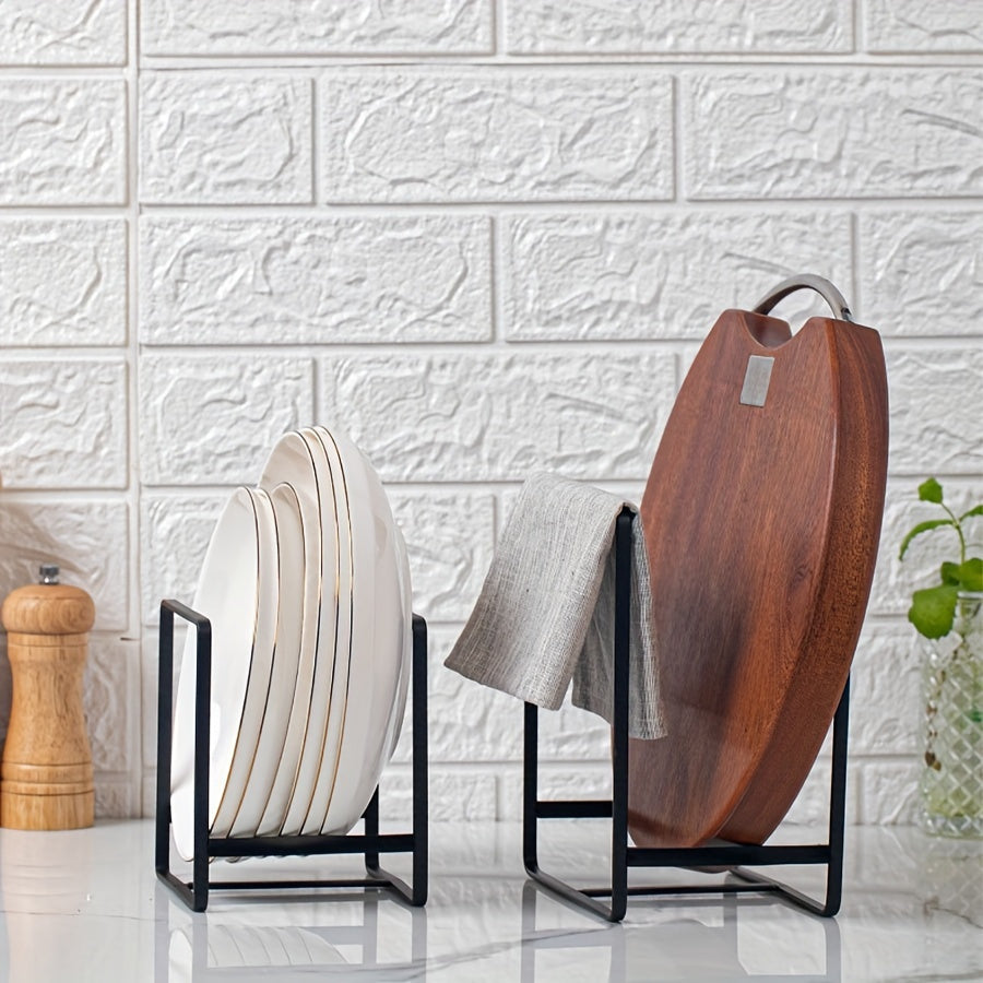 Organizador de cocina versátil: 1 soporte para platos y vajilla, almacenamiento vertical para tablas de cortar y tapas de ollas.