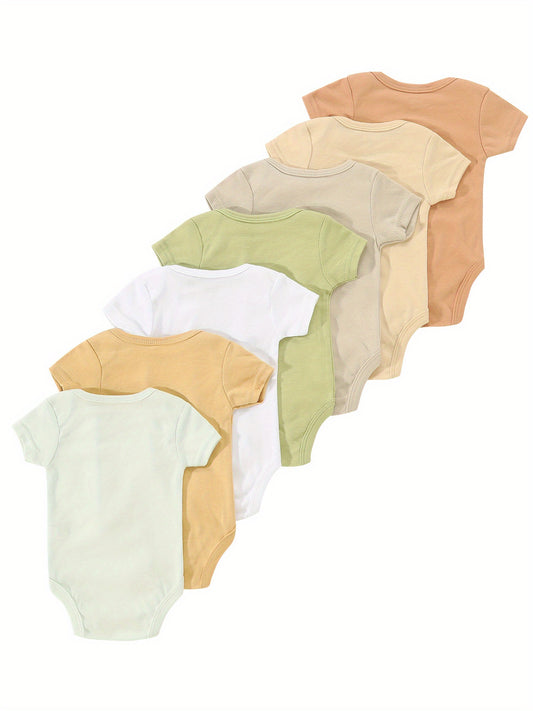 7-Pack Newborn Baby Bodysuits, Assorted Colors, Casual Style, Soft Cotton, Comfortable Snap Closure, Unisex Triangle Jumpsuits For Summer Outdoor Play