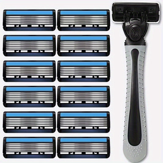 Metal Handle Safety Razor Set - 6-Blade Precision Manual Shaving Razor with Ergonomic Grip, 1 Durable Handle and 12 Cartridge Refills for Efficient Facial Hair Removal and Smooth Shave