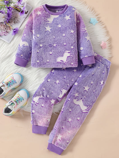 Girls' Autumn and Winter Cute Purple Unicorn Plush Long Sleeve and Pants Suit, Perfect for Outdoor