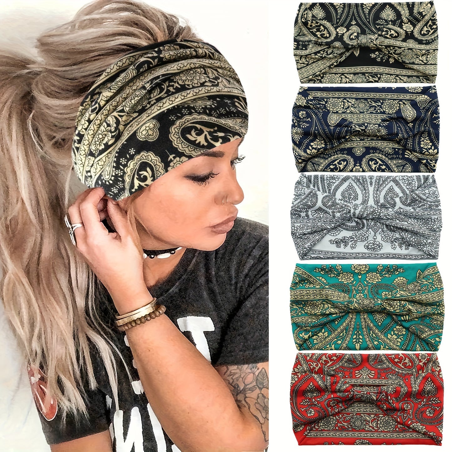 4pcs/set Autumn And Winter Classic Ethnic Style Paisley Patterned Headscarves - Wide And Comfortable Elastic Yoga Headbands Hair Accessories For Women