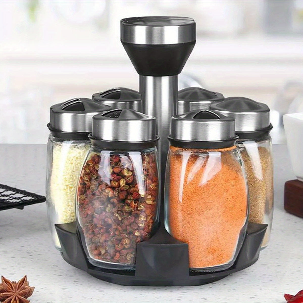 Juego de especiero giratorio: 7 botellas de vidrio para condimentos y saleros con soporte, organizador de cocina multifuncional y fácil de instalar.