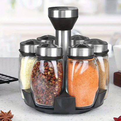 Juego de especiero giratorio: 7 botellas de vidrio para condimentos y saleros con soporte, organizador de cocina multifuncional y fácil de instalar.