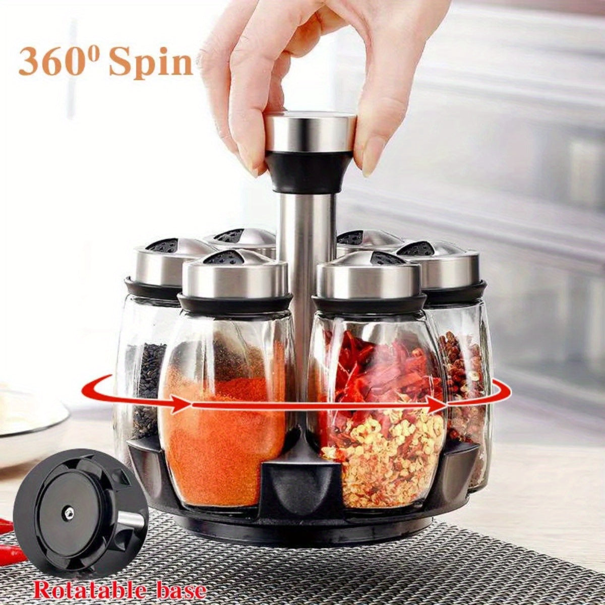 Juego de especiero giratorio: 7 botellas de vidrio para condimentos y saleros con soporte, organizador de cocina multifuncional y fácil de instalar.