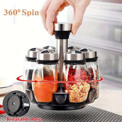 Juego de especiero giratorio: 7 botellas de vidrio para condimentos y saleros con soporte, organizador de cocina multifuncional y fácil de instalar.
