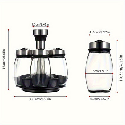 Juego de especiero giratorio: 7 botellas de vidrio para condimentos y saleros con soporte, organizador de cocina multifuncional y fácil de instalar.