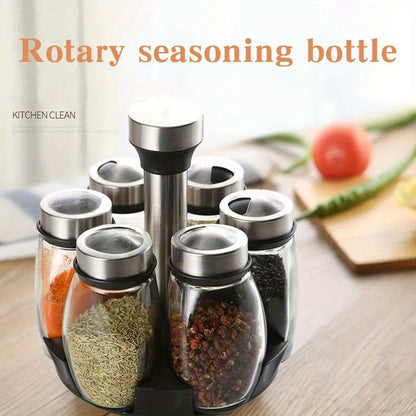 Juego de especiero giratorio: 7 botellas de vidrio para condimentos y saleros con soporte, organizador de cocina multifuncional y fácil de instalar.