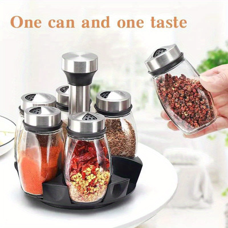 Juego de especiero giratorio: 7 botellas de vidrio para condimentos y saleros con soporte, organizador de cocina multifuncional y fácil de instalar.
