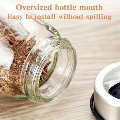Juego de especiero giratorio: 7 botellas de vidrio para condimentos y saleros con soporte, organizador de cocina multifuncional y fácil de instalar.