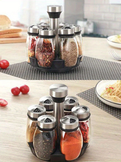 Juego de especiero giratorio: 7 botellas de vidrio para condimentos y saleros con soporte, organizador de cocina multifuncional y fácil de instalar.
