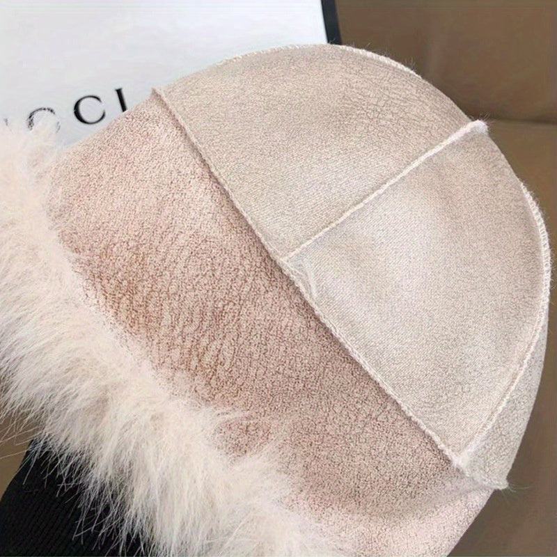 Women'S Luxurious Faux Fur Hat and Scarf Set, Winter Warmth Thickened Polyester Fox Fur Cap with Earmuffs, Elegant Festive Gift, Knitted No-Brim Hat, Non-Stretch, Hand Wash Only