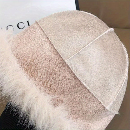 Women'S Luxurious Faux Fur Hat and Scarf Set, Winter Warmth Thickened Polyester Fox Fur Cap with Earmuffs, Elegant Festive Gift, Knitted No-Brim Hat, Non-Stretch, Hand Wash Only
