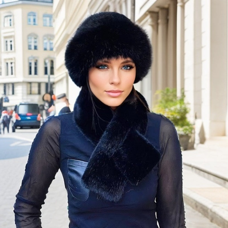 Women'S Luxurious Faux Fur Hat and Scarf Set, Winter Warmth Thickened Polyester Fox Fur Cap with Earmuffs, Elegant Festive Gift, Knitted No-Brim Hat, Non-Stretch, Hand Wash Only