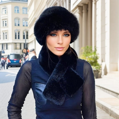 Women'S Luxurious Faux Fur Hat and Scarf Set, Winter Warmth Thickened Polyester Fox Fur Cap with Earmuffs, Elegant Festive Gift, Knitted No-Brim Hat, Non-Stretch, Hand Wash Only